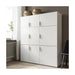 White storage cabinet with multiple doors in a room setting.