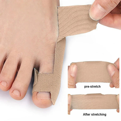 Hallux valgus brace – toe separator sleeve with stretchable strap shown before and after extension