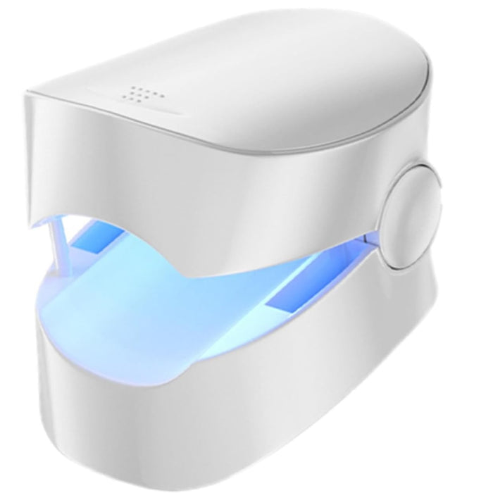 White compact laser care device with blue light interior, designed for hygienic nail treatment and sterilization