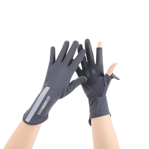 Digital Shoppy ice silk gloves – dark grey full-finger gloves with grip dots and reflective strip for outdoor use
