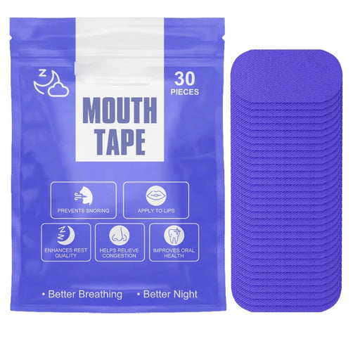 Purple pack of anti-snoring mouth tape with 30 pieces, highlighting benefits like better breathing and oral health