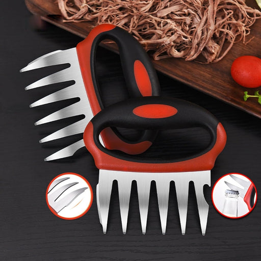Meat Shredding Claws – Anti-scald, heat-resistant, red grip claws placed beside shredded meat and tomato -
