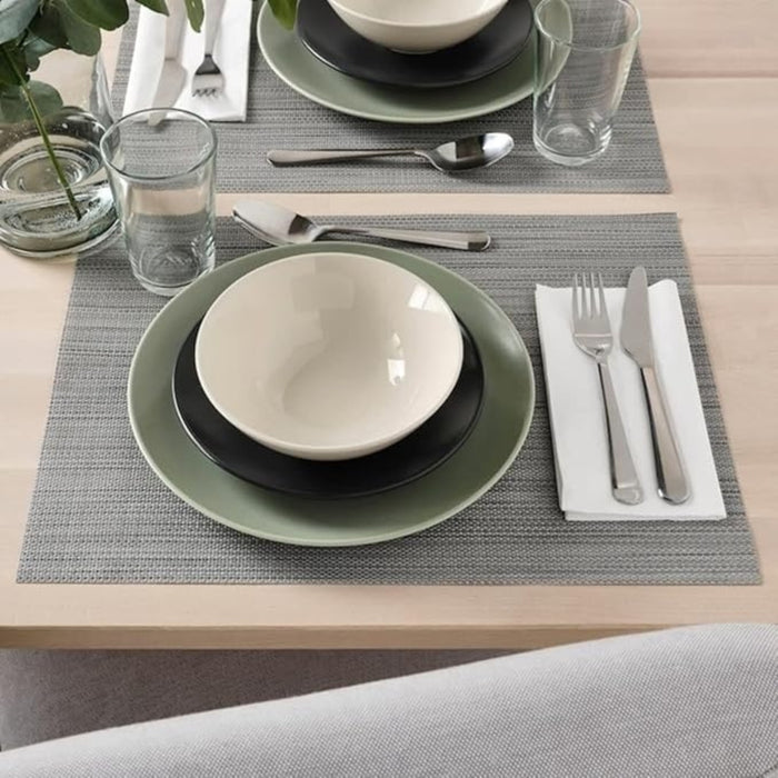 IKEA Breakfast Set: 4-Pack FÄRGKLAR Glossy Beige Bowls & Mugs with SNOBBIG Dark Grey Placemats