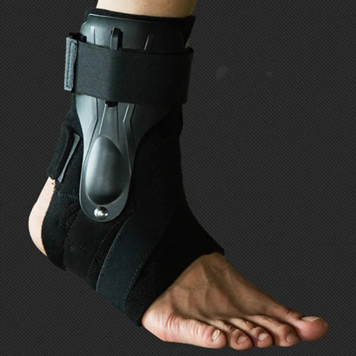 Ankle brace on a foot against a dark background
