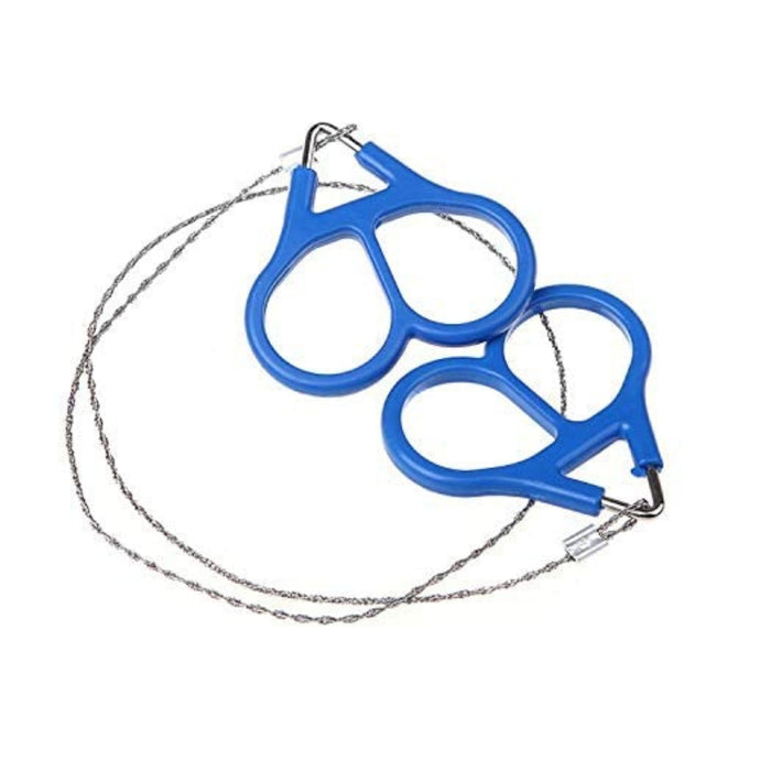 Wire saw with twisted metal blade and blue plastic handles, ideal for compact wood cutting during hiking or survival use