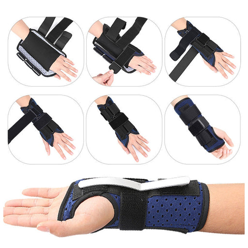 Wrist and hand support brace with multiple views on a white background