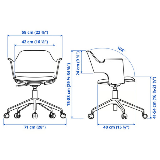 Measurement chart of an office chair with dimensions labeled