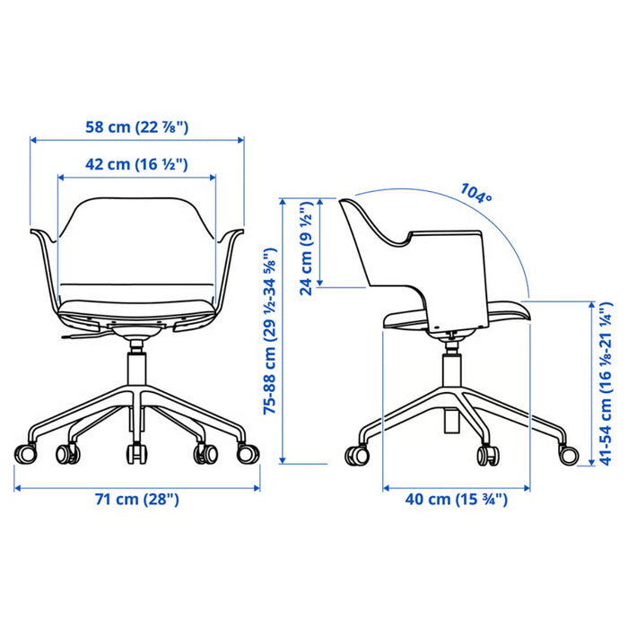 Measurement chart of an office chair with dimensions labeled