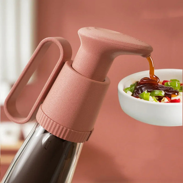 Pink bottle cap being used to pour a dark liquid into a bowl of salad on a pink background