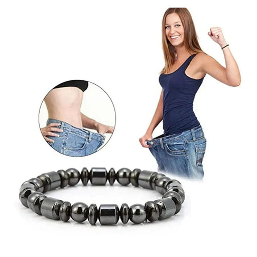Woman wearing a black beaded bracelet with an inset showing weight loss.