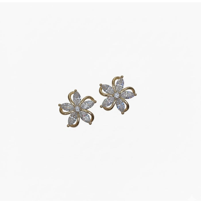 Digital Shoppy High-grade Ear Studs, five-petal flower earrings with marquise-cut zircon stones in gold setting