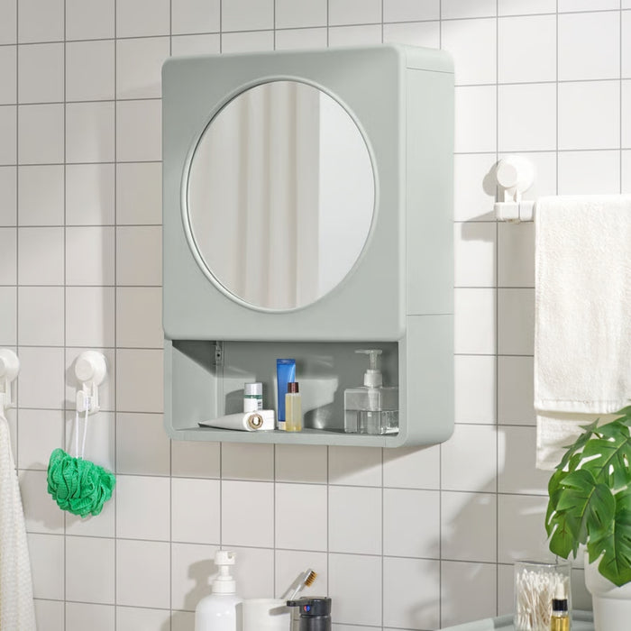 IVÖSJÖN mirror cabinet with 1 door, green, 44x15x59 cm. Circular mirror, open shelf with toiletries – ideal for compact bathroom storage – 20573173.