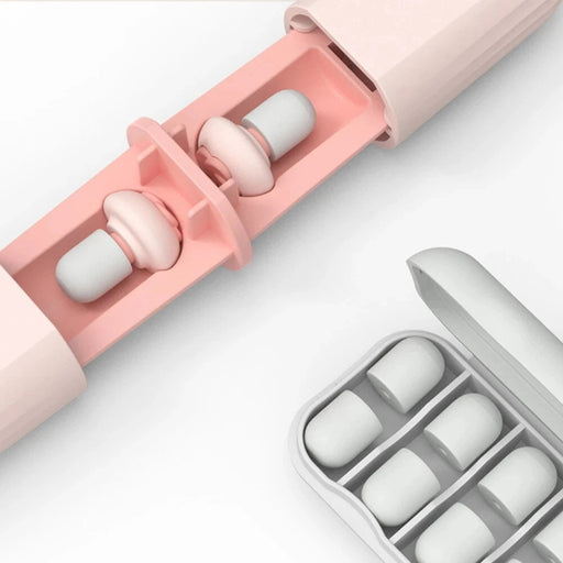 Compact earplug storage cases in pink and white, showcasing soft earplug sets for sleep and noise isolation