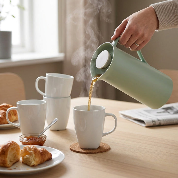 IKEA Beverage Set - BEHOVD Vacuum Flask (1L, Light Green/Beige) & VÄRDERA White Ceramic Mugs (4-Pack, 30cl)
