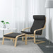 IKEA POÄNG armchair with Hillared anthracite cushion and birch veneer frame, paired with footstool; styled in modern room with white table and floor lamp – 60362507, 30158659