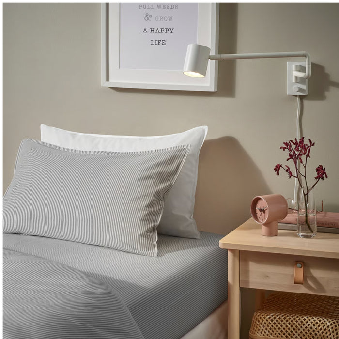 IKEA SOLFIBBLA Flat sheet, grey white/stripe, 240x260 cm (94x102 ") with VIKFJÄRD Washcloth, white, 30x30 cm