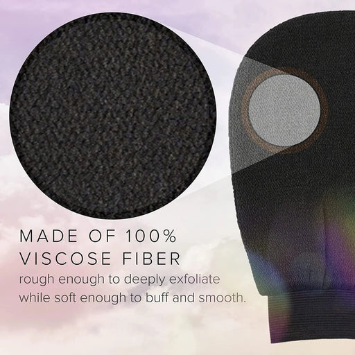 Textured black product with a close-up of fibers and text about viscoose fiber on a light purple background.