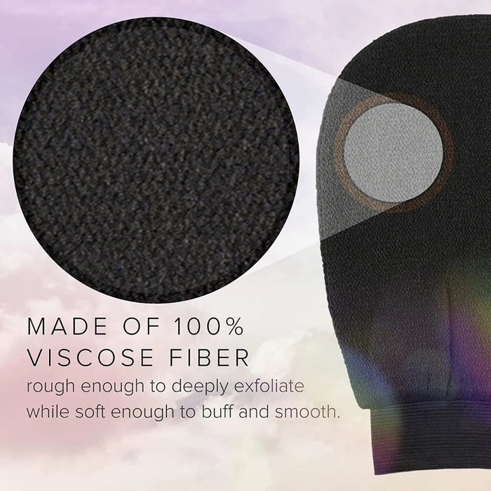 Textured black product with a close-up of fibers and text about viscoose fiber on a light purple background.