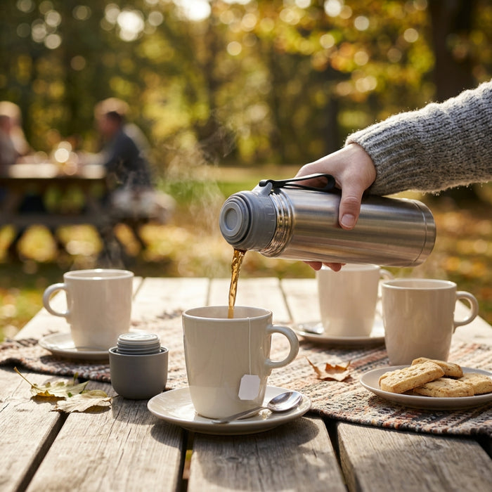 IKEA Beverage Set - PINCETTFISK Stainless Steel Vacuum Flask (0.5L, Silver) & FÄRGKLAR Glossy Beige Mugs (4-Pack, 37cl)