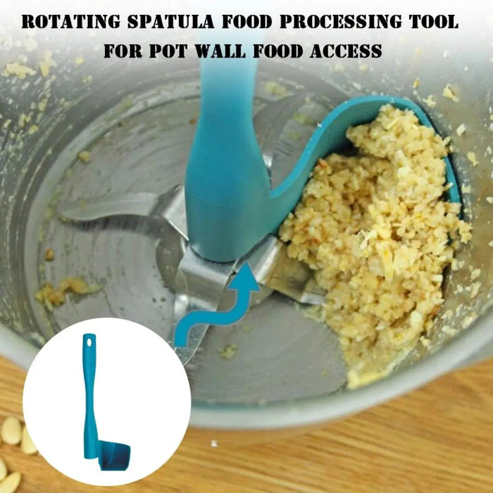 Blue rotary scraper tool shown inside food processor – curved edge scrapes pot walls for efficient mixing – 777701 13962262
