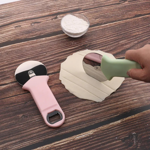 Green and pink multi-function cutters shown slicing dough and placed beside flour bowl – dual-purpose design for baking and serving – 1600000037418 14006653