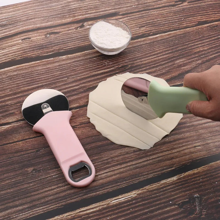 Green and pink multi-function cutters shown slicing dough and placed beside flour bowl – dual-purpose design for baking and serving – 1600000037418 14006653