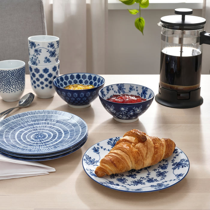 IKEA ENTUSIASM 14-Piece Tableware Set - Patterned Blue Bowls, Plates & Mugs