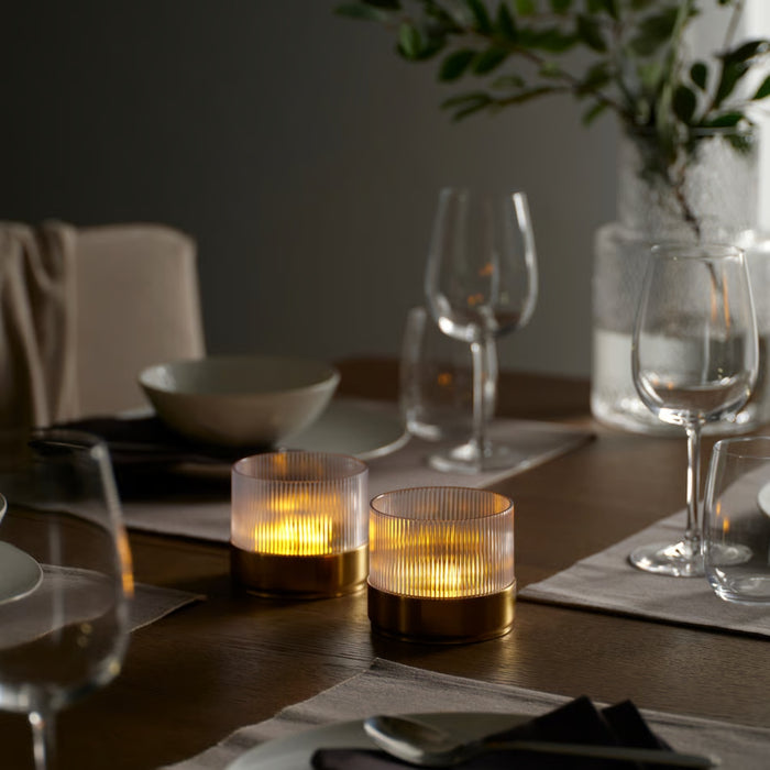 Ikea SNÖRPTRÅD LED Table Decoration, Battery-Operated Brass-Colour with Unscented Pillar Candle - Stripe Pattern red/White 10 cm