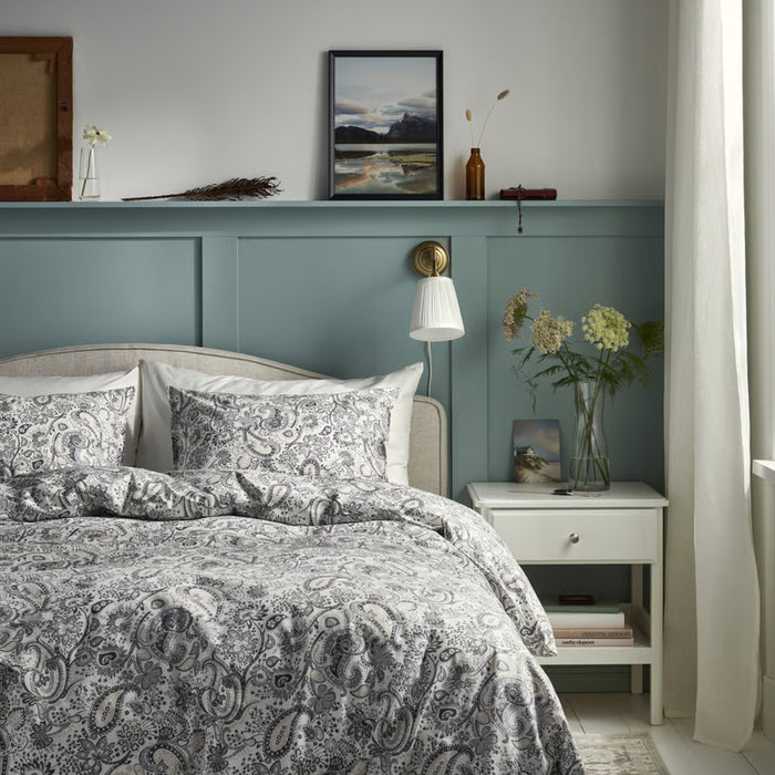 IKEA RODGERSIA Duvet cover and 2 pillowcases, grey/white, 240x220/50x80 cm (94x87/20x31 ") with  LAPPDUNÖRT Pillowcase, white/brown/striped, 50x80 cm