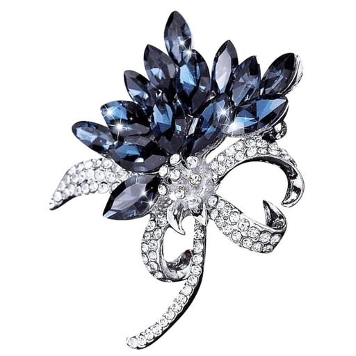 Crystal brooch – flower-shaped design with blue marquise stones and silver ribbon accents