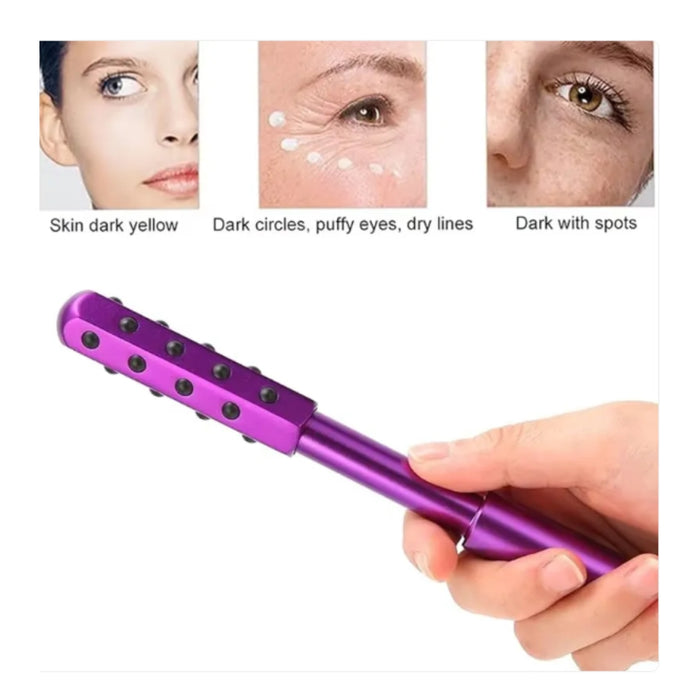Purple handheld device with close-up images of skin issues and a hand holding the device.