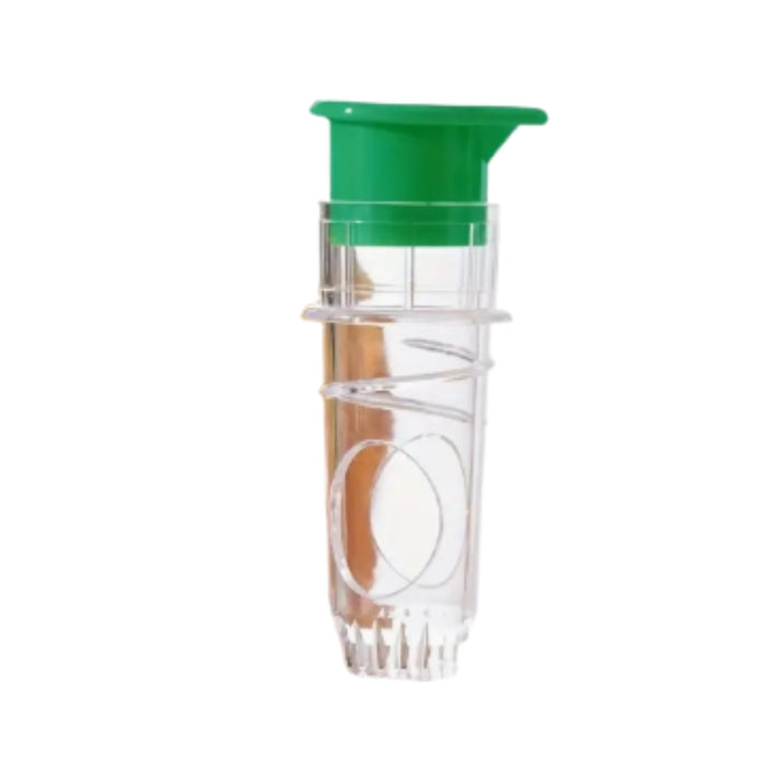 A clear plastic cup with a green lid and a spiral straw inside, shown on a plain white background.