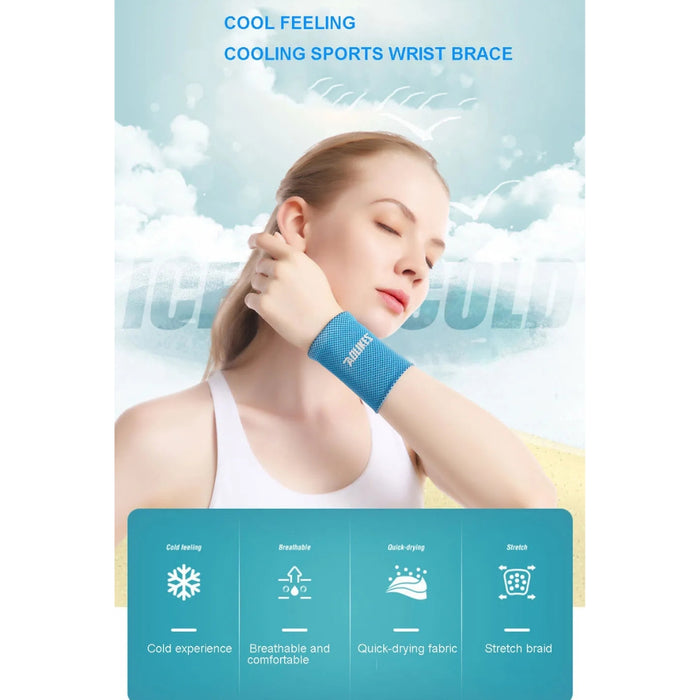 Person wearing a blue wrist brace labeled “cooling sports wrist brace”; design features include breathable mesh, stretch braid, quick-drying fabric, and a cooling sensation—background includes clouds and large “COLD” text to emphasize icy comfort – 1598448414242 12718537.