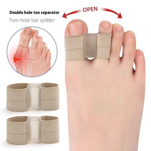 Double-hole silicone elastic breathable split toe separator designed for toe alignment and relief. Provides flexible support, reduces pressure, and enhances foot comfort.