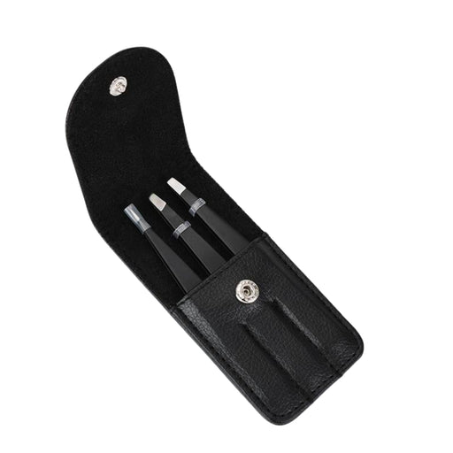 Black leather case with snap closure holding three stainless steel tweezers – pointed, slanted, and flat tips for eyebrow shaping – 1600002596426 13958911