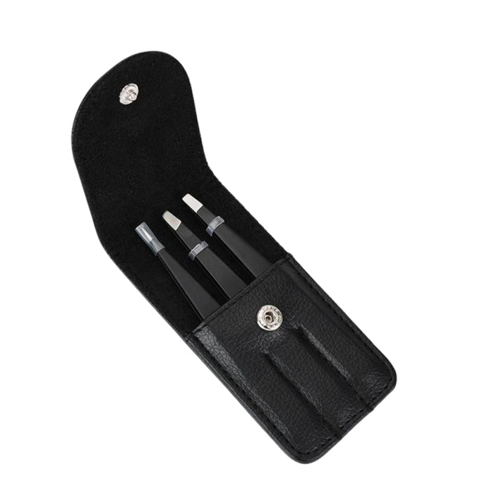 Black leather case with snap closure holding three stainless steel tweezers – pointed, slanted, and flat tips for eyebrow shaping – 1600002596426 13958911
