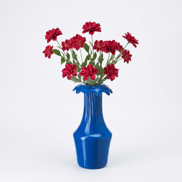 IKEA SMYCKA Artificial Flower Dahlia Dark Pink 66 cm with KARISMATISK Vase Blue 23 cm — Bold Floral Décor Combo