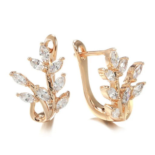 Rose gold wheat earrings – leaf-shaped zircon stones with hinged clasp for party wear