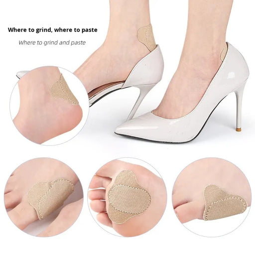 adhesive pads applied to heel, toe, and side of foot for blister prevention