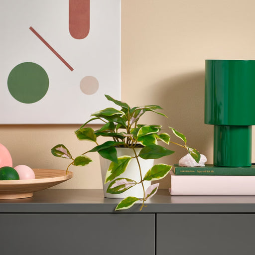 IKEA FEJKA artificial potted plant – wax plant with green, white, and pink foliage, cascading from black plastic pot - 90614226