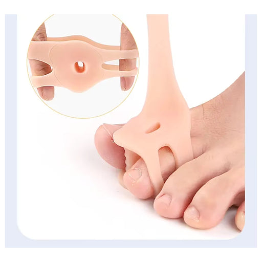Silicone toe separator being used on a foot with a close-up inset showing the product.