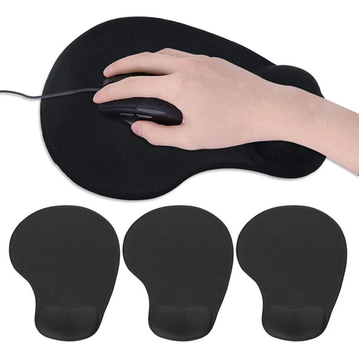 Digital Shoppy black ergonomic mouse pad with built-in wrist rest, shown in use under a black wired mouse controlled by a hand. Three additional identical mouse pads are displayed beneath the main image, highlighting its design consistency and wrist support functionality—ideal for long hours of computer work or gaming -1595811 13048945.