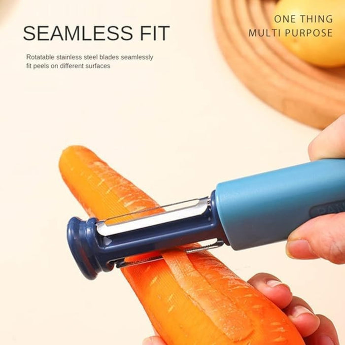 Blue vegetable peeler peeling an orange carrot with text 'Seamless Fit' and 'One Thing Multi Purpose'.