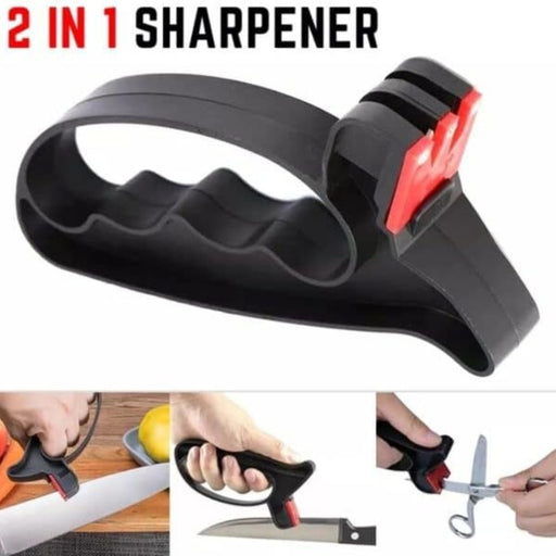 2-in-1 Knife & Scissor Sharpener – Handheld, ergonomic grip, black tool shown sharpening knife and scissors - 