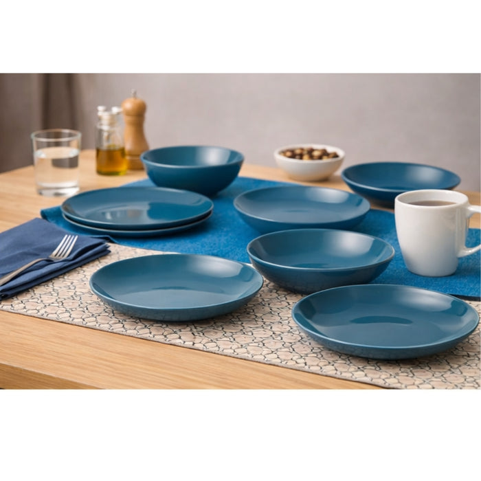 IKEA Dark Turquoise Dining Set: 8-Piece FÄRGKLAR Glossy Plates & Bowls with UTBYTT Table Runner