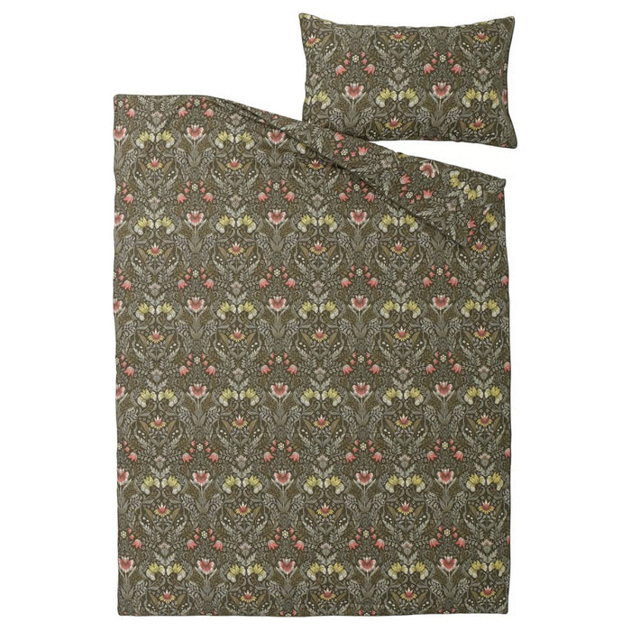 IKEA KÄRRDUNÖRT Duvet Cover and Pillowcase Dark Green Multicolour 150x200/50x80 cm with ALVARMALORT Cushion Cover Blue Stripe 50x50 cm