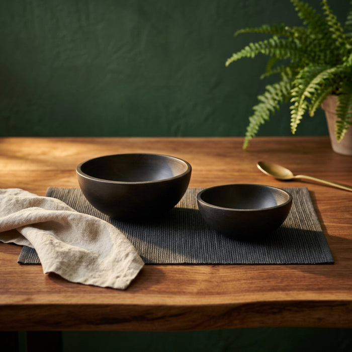IKEA PINNLILJA Acacia Wood Serving Bowls Set of 2 with MÄRIT Black Placemat — Natural Elegance | Dining Table Upgrade