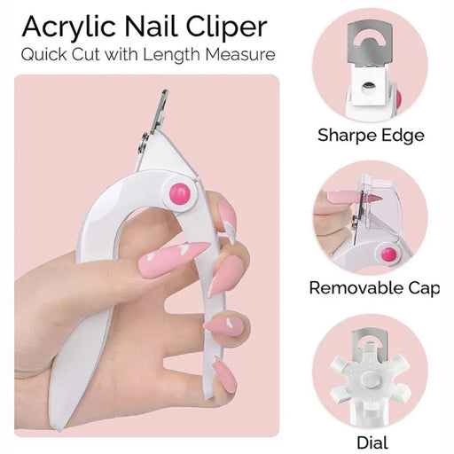 Acrylic nail clipper with features highlighted on a pink background