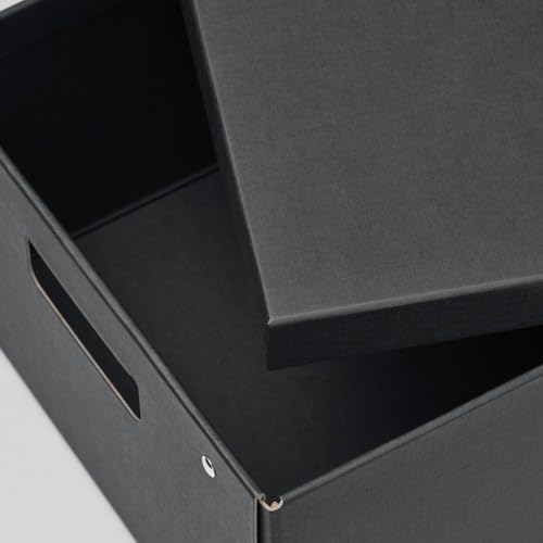 IKEA FJÄDERHARV storage box in anthracite—lid lifted to show roomy interior; side handle cut-out and corner rivets add practical utility and sleek detail – 90596920.