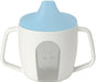 White sippy cup with a blue lid on a white background